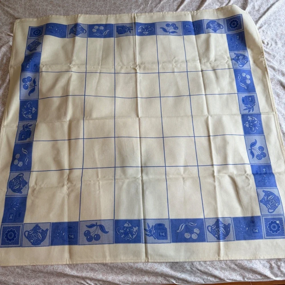 Vintage Blue Cream Cotton Tablecloth Teapot Cherry French Country 38x37